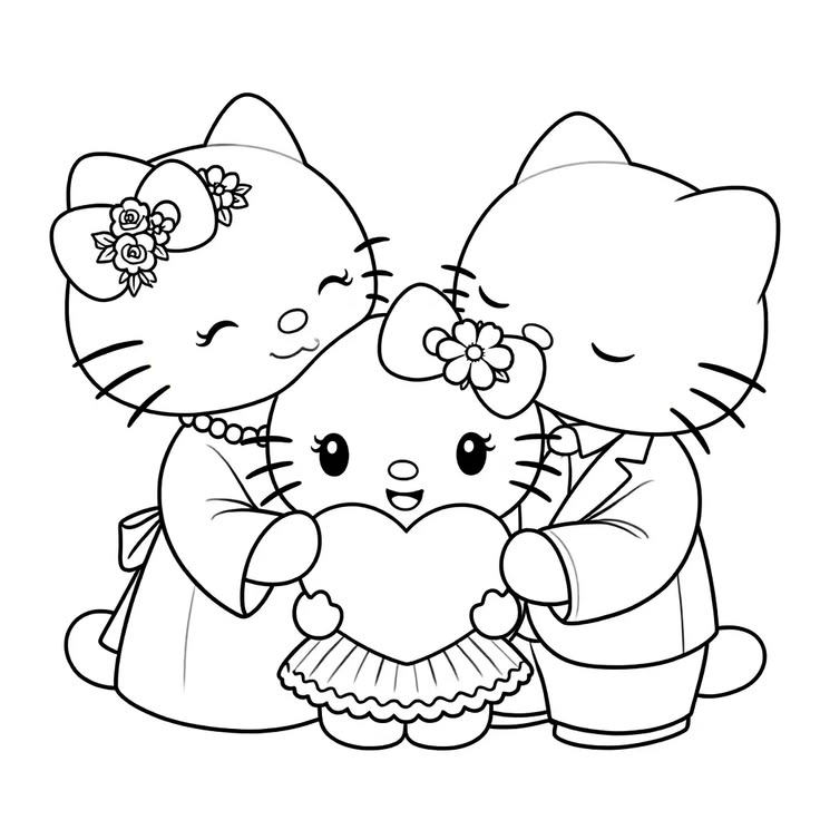 Familia Hello Kitty con Corazon para colorear HD fácil y bonito - Descarga e imprime gratis - Dibujo exclusivo de Hello