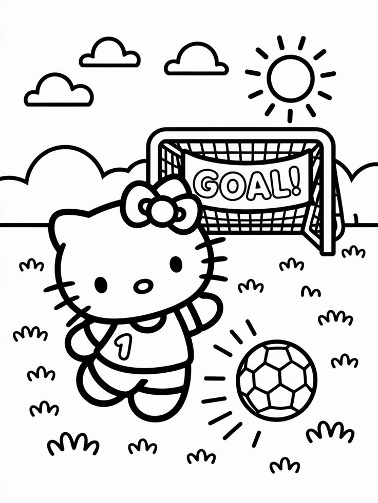 Hello Kitty Jugando al Futbol para colorear HD fácil y bonito - Descarga e imprime gratis - Dibujo exclusivo de Hello
