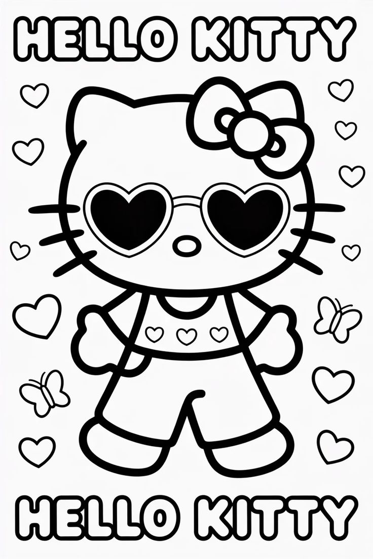 Hello Kitty con Gafas de Corazon para colorear HD fácil y bonito - Descarga e imprime gratis - Dibujo exclusivo de Hello