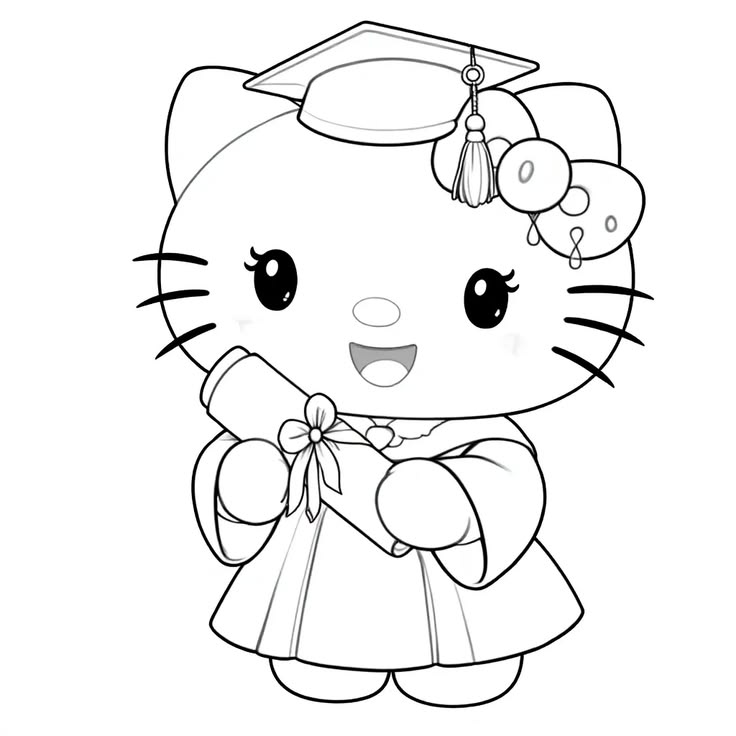 Hello Kitty Graduacion Kawaii para colorear HD fácil y bonito - Descarga e imprime gratis - Dibujo exclusivo de Hello