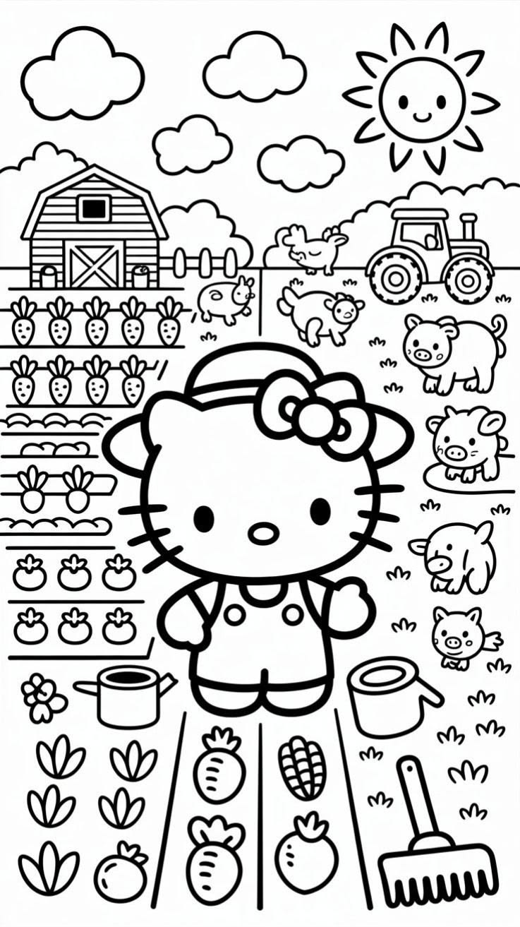 Hello Kitty en la Granja con Animales para colorear HD fácil y bonito - Descarga e imprime gratis - Dibujo exclusivo de Hello
