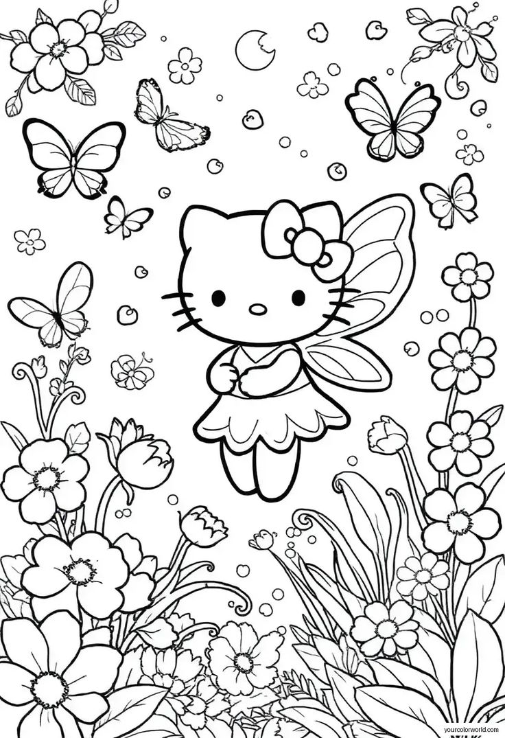 Hello Kitty Hada con Flores y Mariposas para colorear HD fácil y bonito - Descarga e imprime gratis - Dibujo exclusivo de Hello