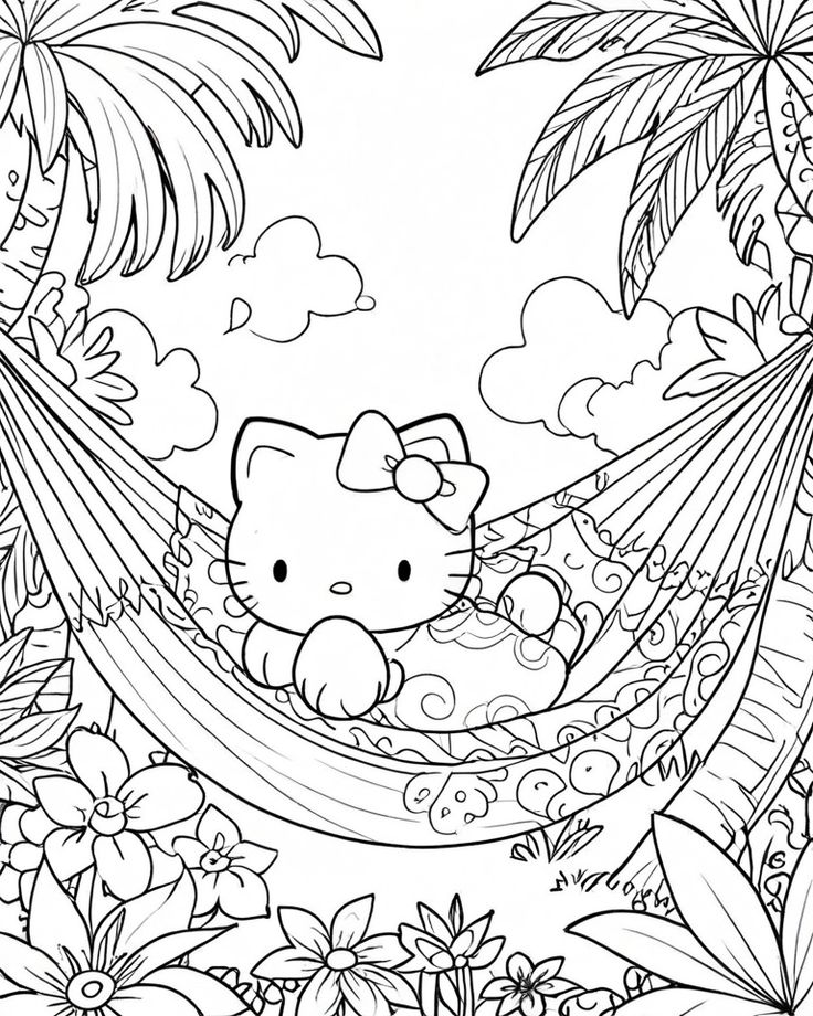 Hello Kitty en Hamaca entre Palmeras para colorear HD fácil y bonito - Descarga e imprime gratis - Dibujo exclusivo de Hello