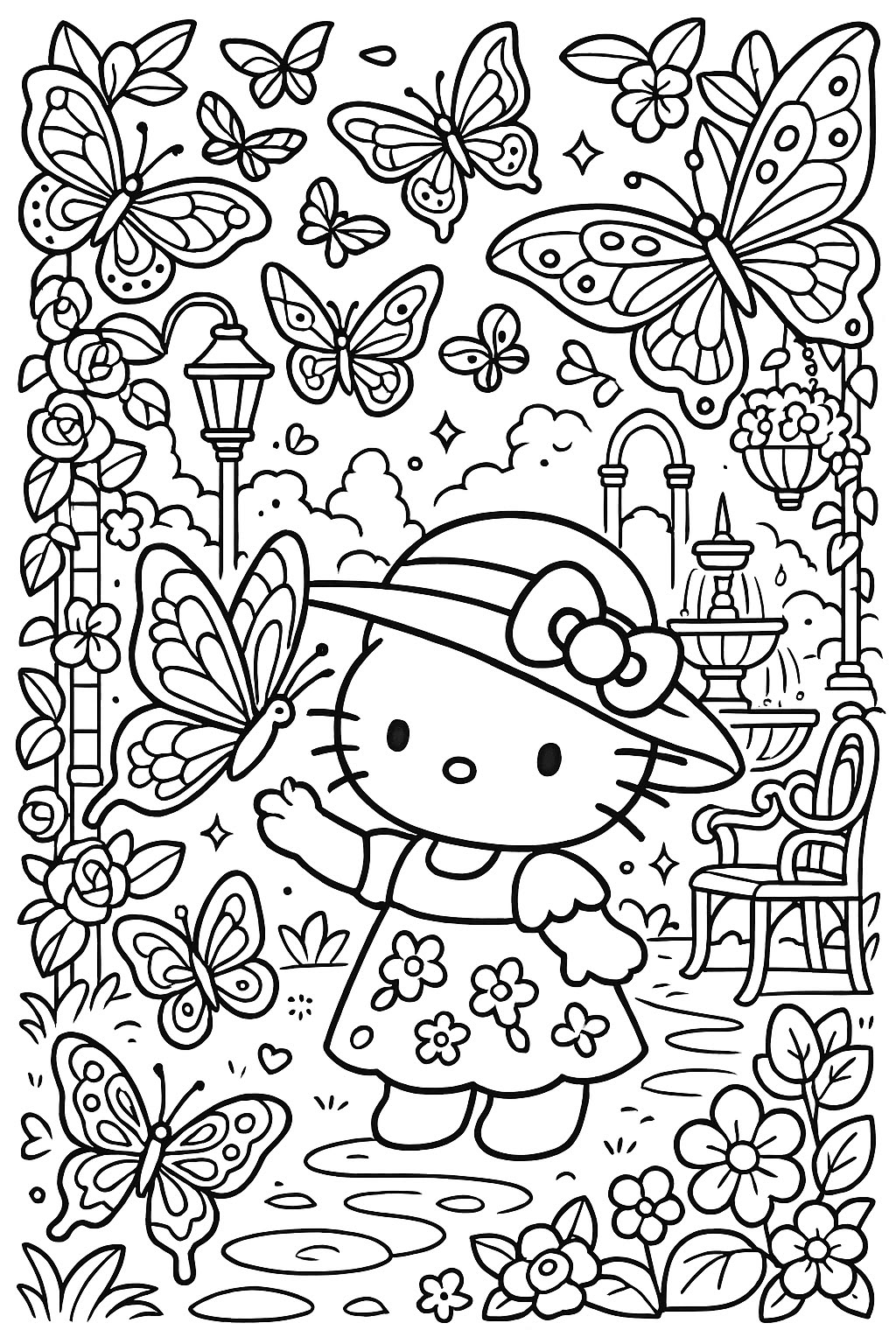 Hello Kitty en el Jardin con Mariposas para colorear HD fácil y bonito - Descarga e imprime gratis - Dibujo exclusivo de Hello