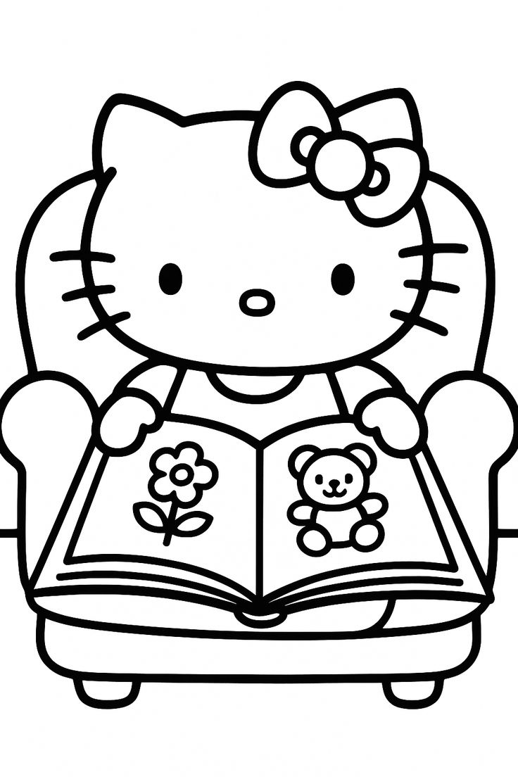 Hello Kitty Leyendo en el Sillon para colorear HD fácil y bonito - Descarga e imprime gratis - Dibujo exclusivo de Hello