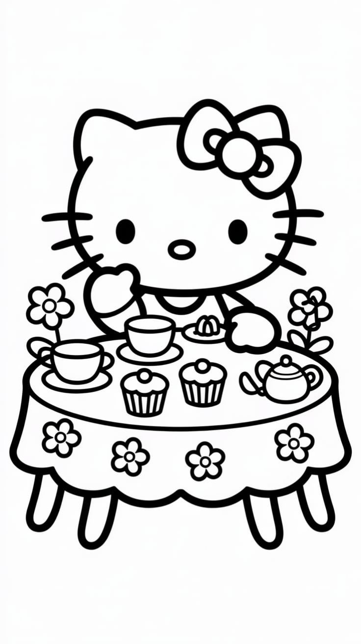 Hello Kitty en la Merienda del Te para colorear HD fácil y bonito - Descarga e imprime gratis - Dibujo exclusivo de Hello