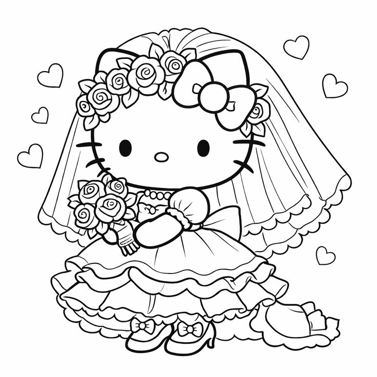 Hello Kitty Novia con Ramo para colorear HD fácil y bonito - Descarga e imprime gratis - Dibujo exclusivo de Hello
