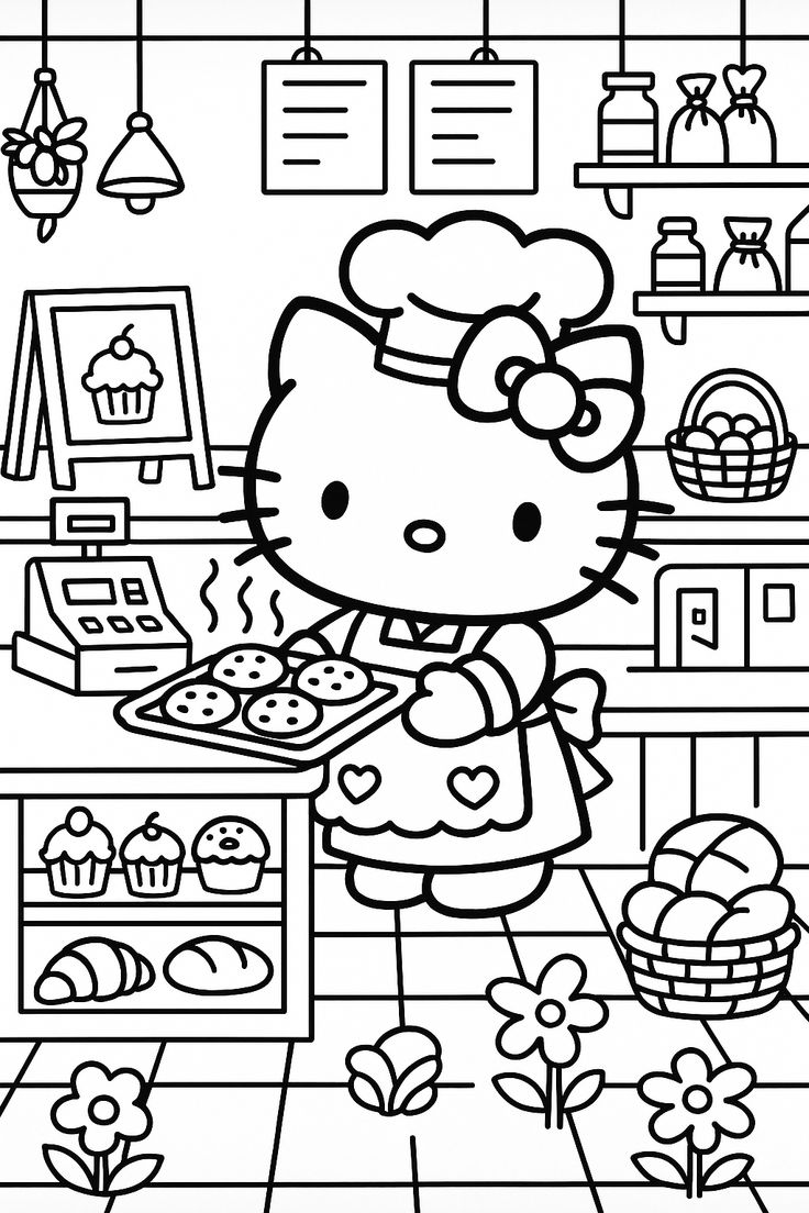 Hello Kitty Panadera con Galletas para colorear HD fácil y bonito - Descarga e imprime gratis - Dibujo exclusivo de Hello