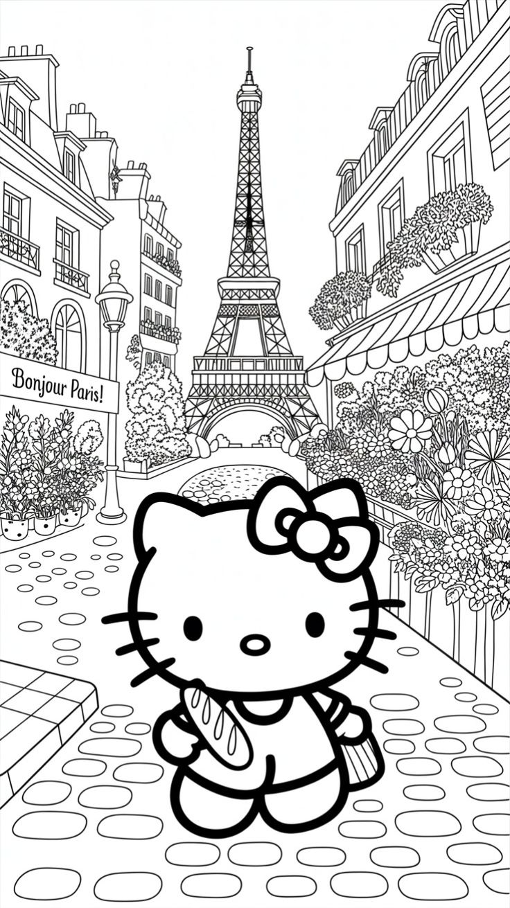 Hello Kitty en Paris con Torre Eiffel para colorear HD fácil y bonito - Descarga e imprime gratis - Dibujo exclusivo de Hello