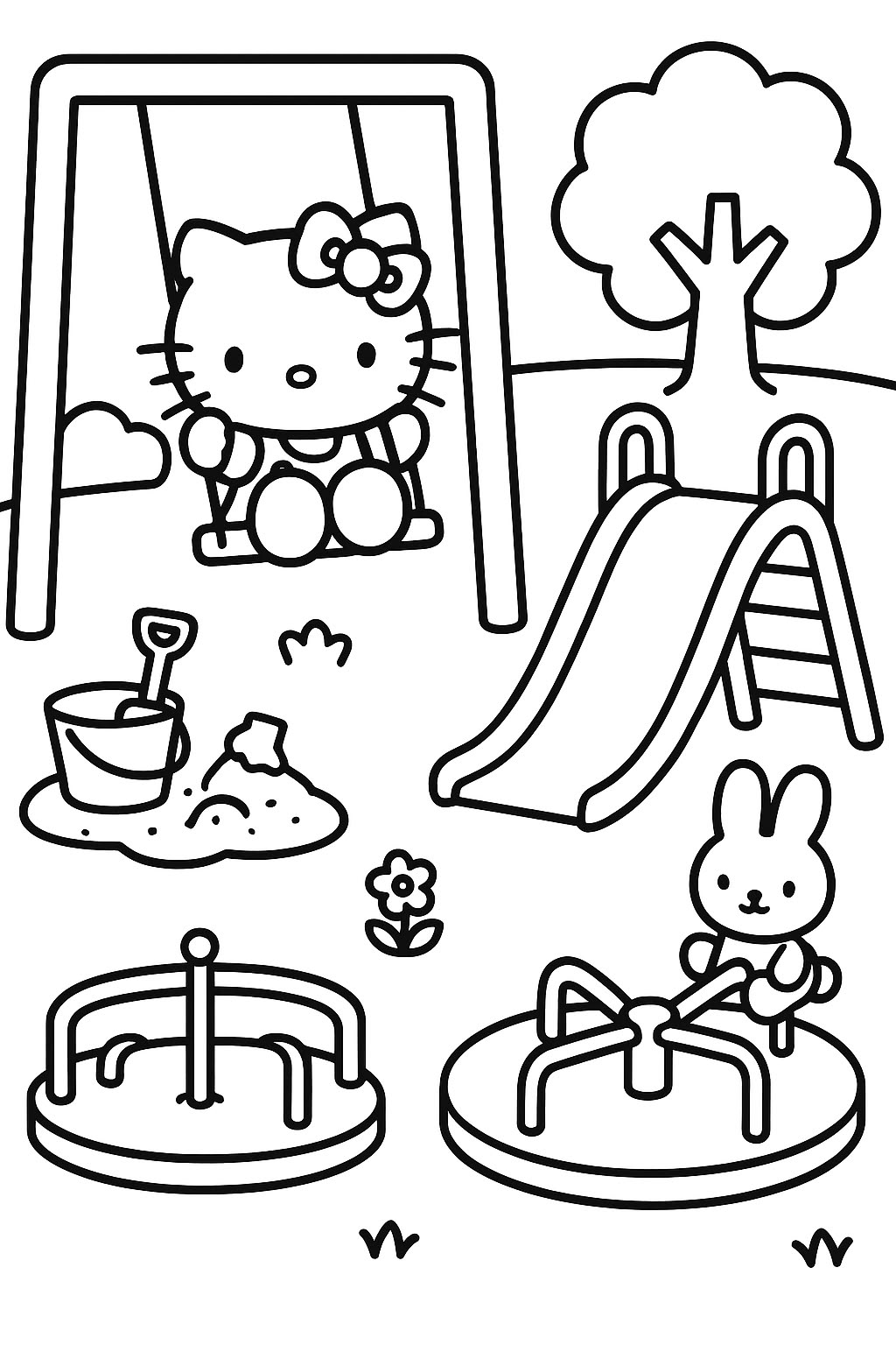 Hello Kitty en el Parque de Juegos para colorear HD fácil y bonito - Descarga e imprime gratis - Dibujo exclusivo de Hello