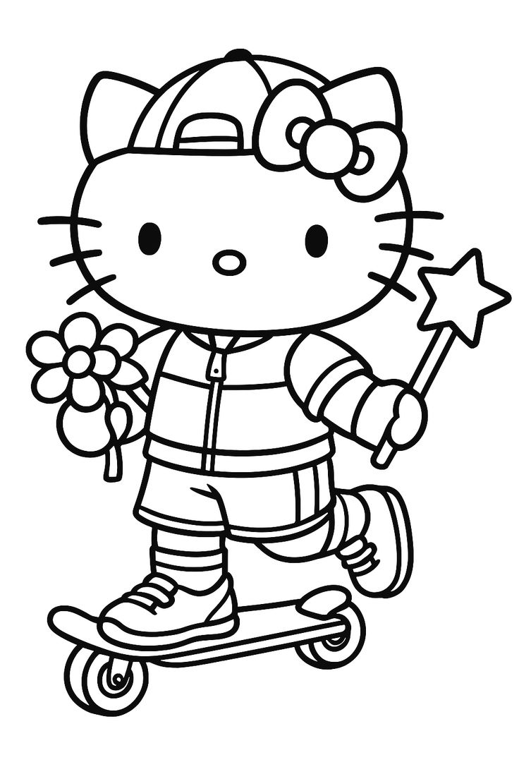 Hello Kitty en Patinete con Gorra para colorear HD fácil y bonito - Descarga e imprime gratis - Dibujo exclusivo de Hello