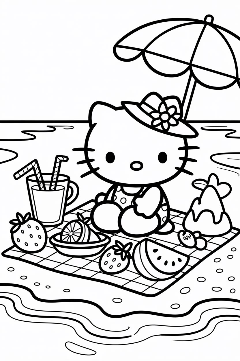 Hello Kitty de Picnic en la Playa para colorear HD fácil y bonito - Descarga e imprime gratis - Dibujo exclusivo de Hello