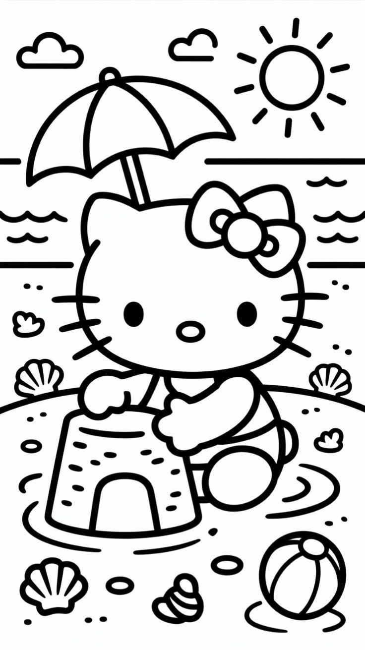 Hello Kitty en la Playa con Castillo de Arena para colorear HD fácil y bonito - Descarga e imprime gratis - Dibujo exclusivo de Hello