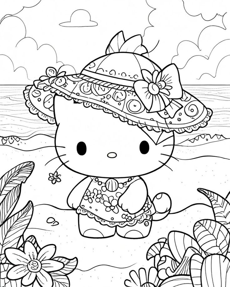 Hello Kitty en la Playa con Sombrero para colorear HD fácil y bonito - Descarga e imprime gratis - Dibujo exclusivo de Hello