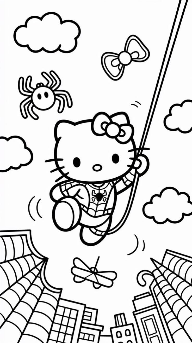 Hello Kitty Disfrazada de Spiderman para colorear HD fácil y bonito - Descarga e imprime gratis - Dibujo exclusivo de Hello