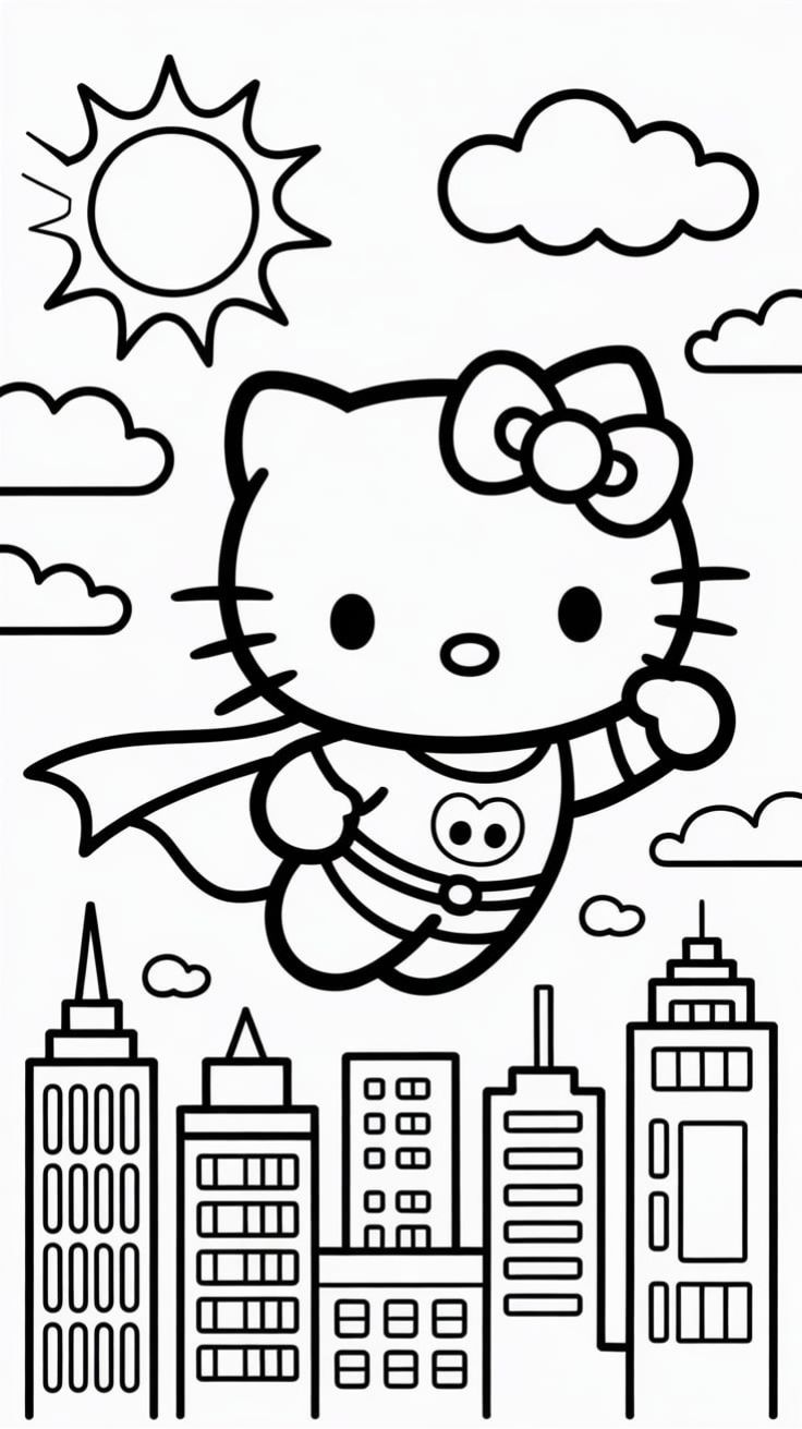 Hello Kitty Superheroina en la Ciudad para colorear HD fácil y bonito - Descarga e imprime gratis - Dibujo exclusivo de Hello