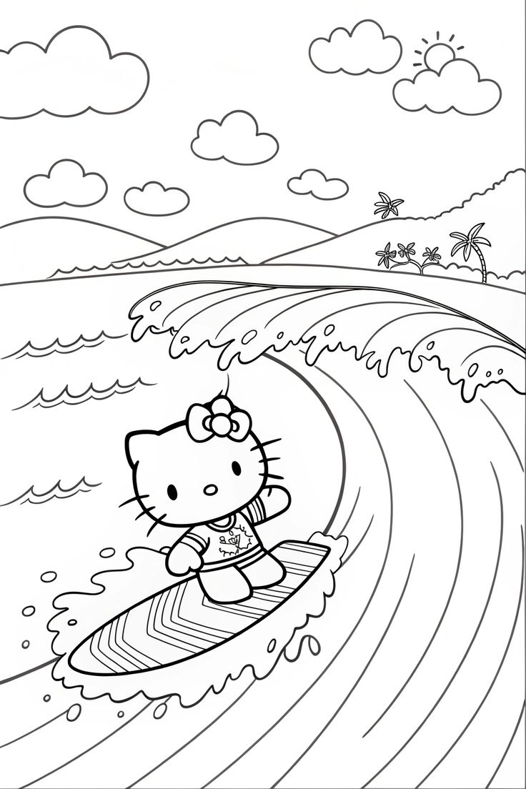 Hello Kitty Haciendo Surf en la Isla para colorear HD fácil y bonito - Descarga e imprime gratis - Dibujo exclusivo de Hello