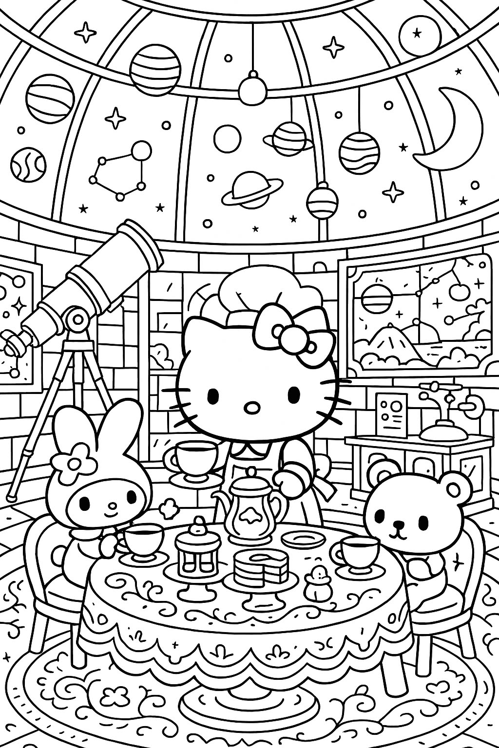 Hello Kitty Tomando Te en el Observatorio para colorear HD fácil y bonito - Descarga e imprime gratis - Dibujo exclusivo de Hello