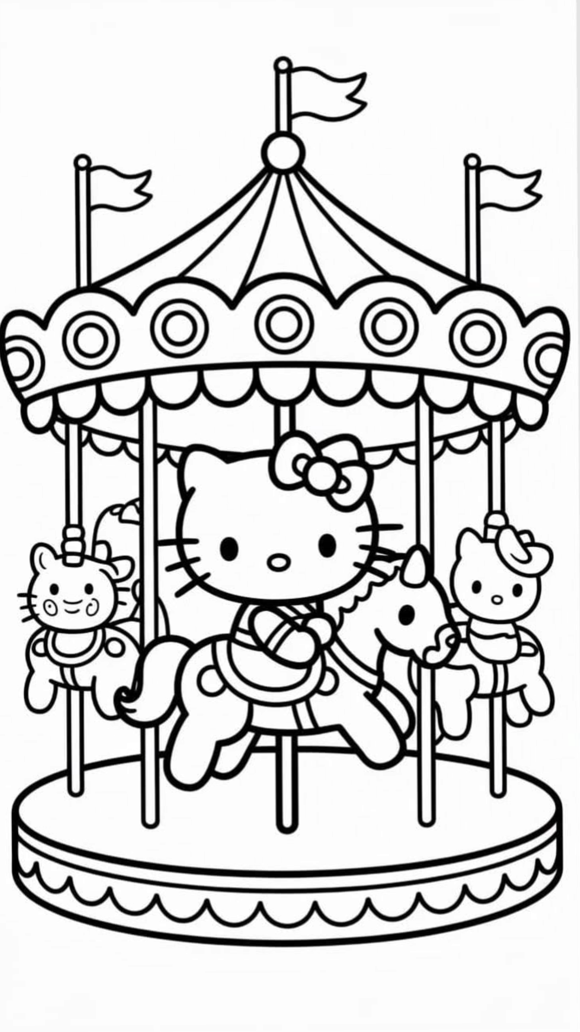 Hello Kitty en el Tiovivo para colorear HD fácil y bonito - Descarga e imprime gratis - Dibujo exclusivo de Hello