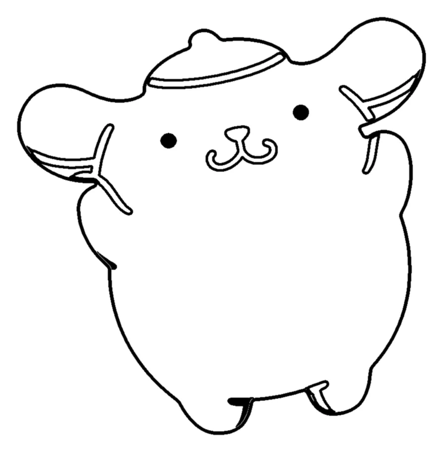 Pompompurin con su Boina Saludando, Amigo de Hello Kitty para colorear e imprimir Pompompurin con su Boina Saludando, Amigo de Hello Kitty para colorear: Pompompurin está de frente, con el cuerpo redondo como una bola y las dos patitas delanteras levantadas a los lados, como si saludara con alegría