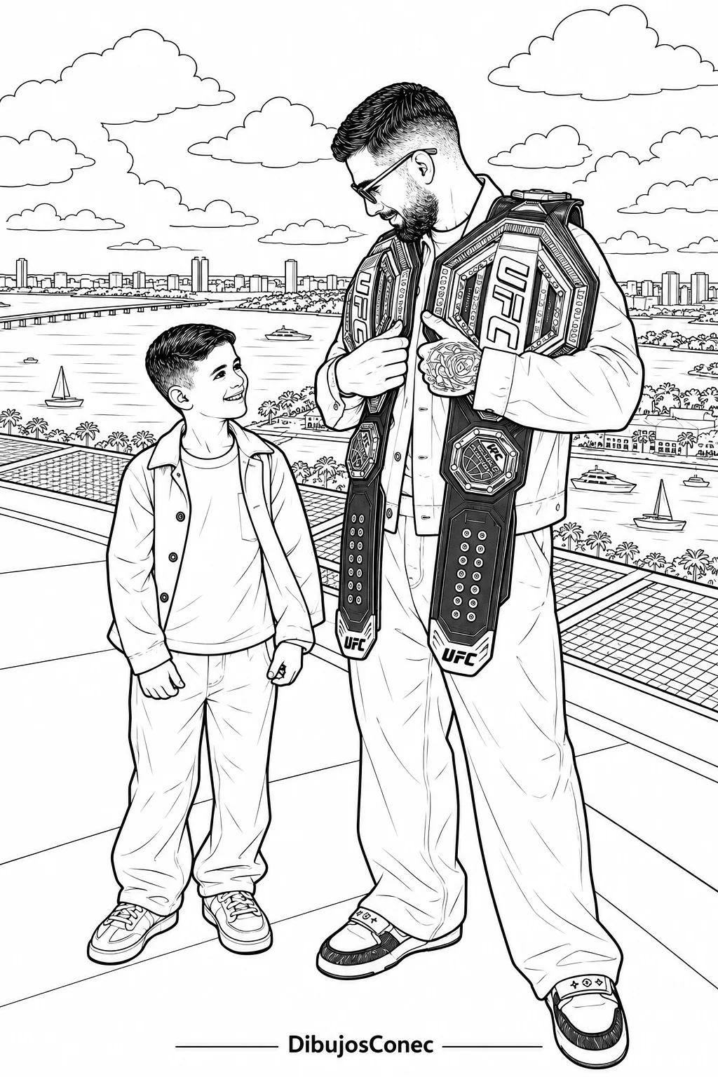 Ilia Topuria y un Niño con los Cinturones para colorear e imprimir Dibujo de Ilia Topuria y un Niño con los Cinturones para colorear