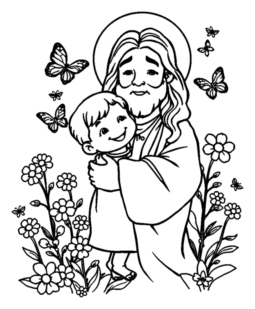 Jesús Abrazando a un Niño entre Flores y Mariposas para colorear e imprimir Dibujo de Jesús Abrazando a un Niño entre Flores y Mariposas para colorear