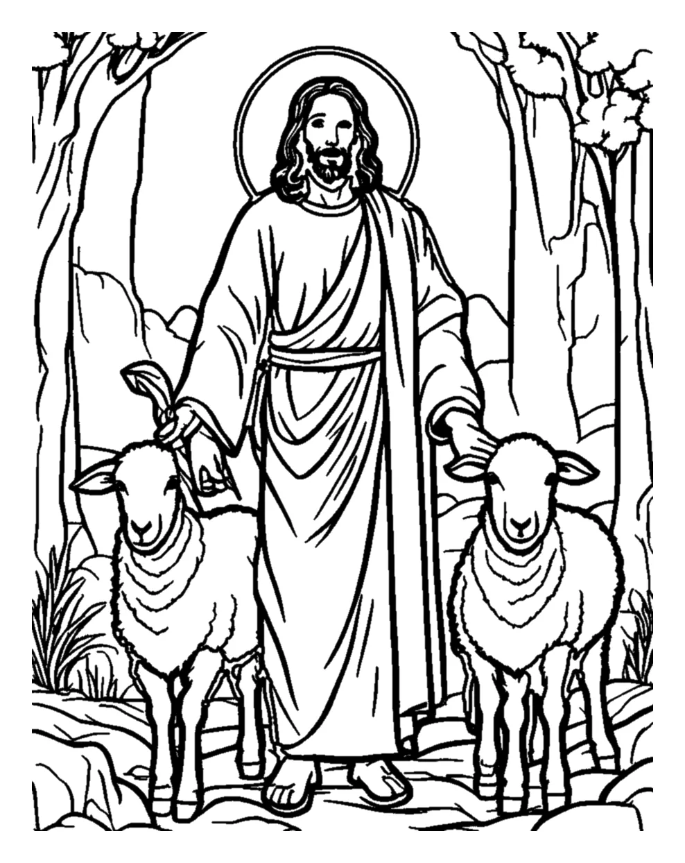 Jesús el Buen Pastor entre Dos Ovejas para colorear e imprimir Dibujo de Jesús el Buen Pastor entre Dos Ovejas para colorear
