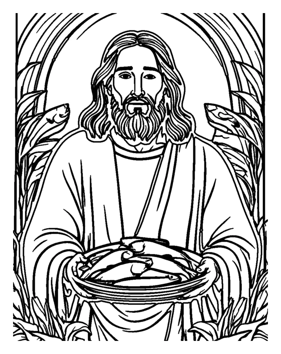 Jesús con la Cesta de los Peces para colorear e imprimir Dibujo de Jesús con la Cesta de los Peces para colorear