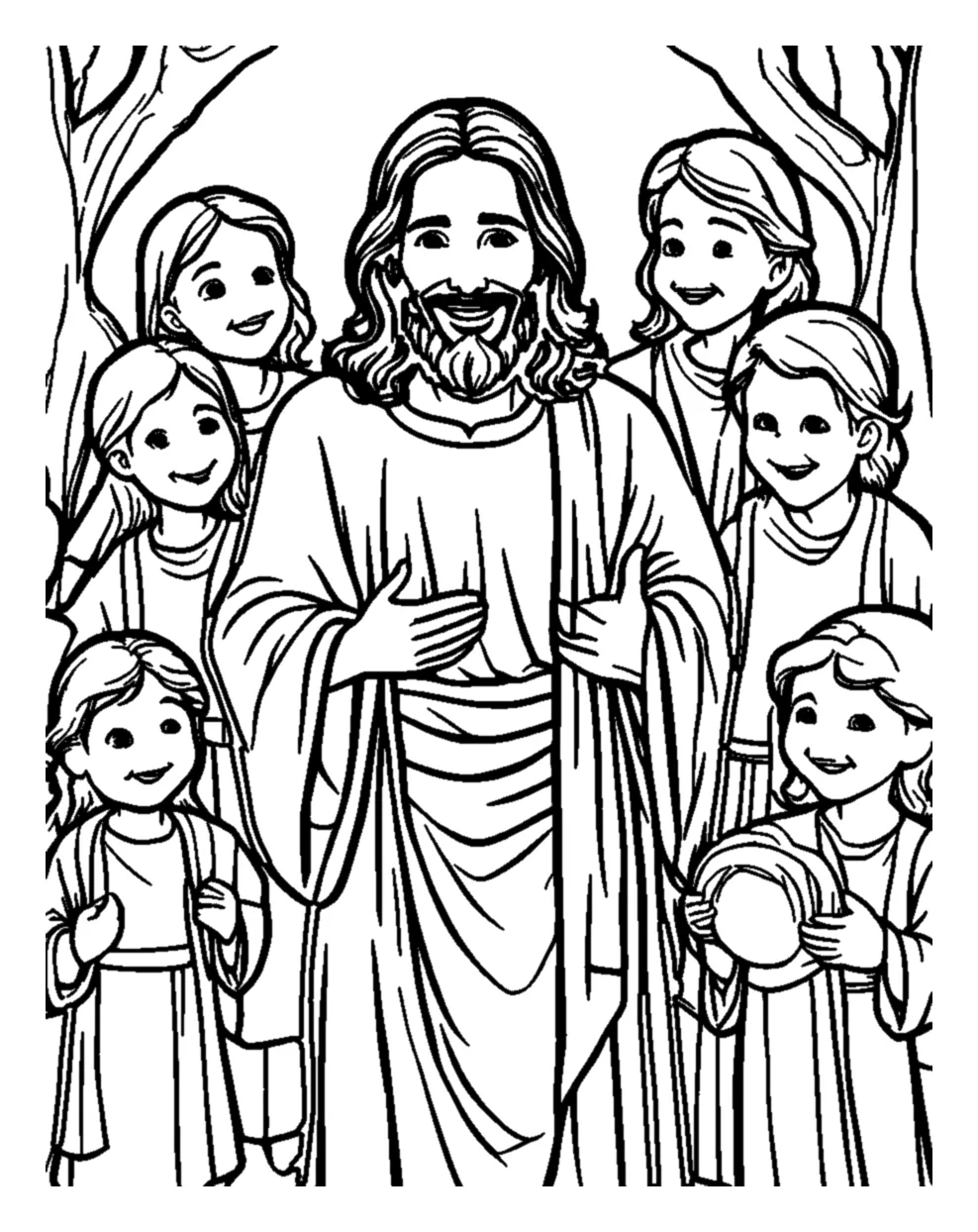 Jesús Sonriendo Rodeado de Niños para colorear e imprimir Dibujo de Jesús Sonriendo Rodeado de Niños para colorear