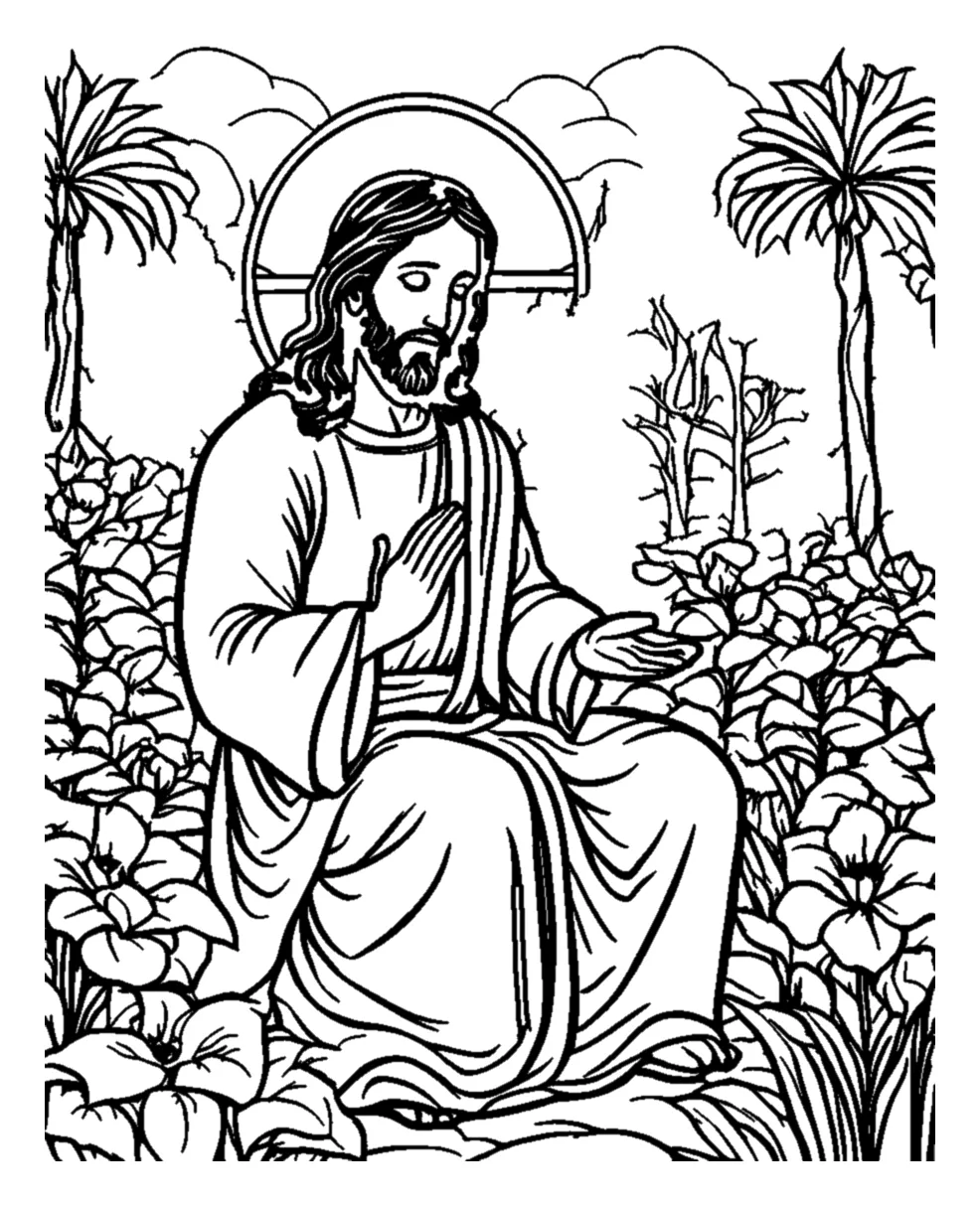 Jesús Rezando Sentado en un Jardín de Flores para colorear e imprimir Dibujo de Jesús Rezando Sentado en un Jardín de Flores para colorear