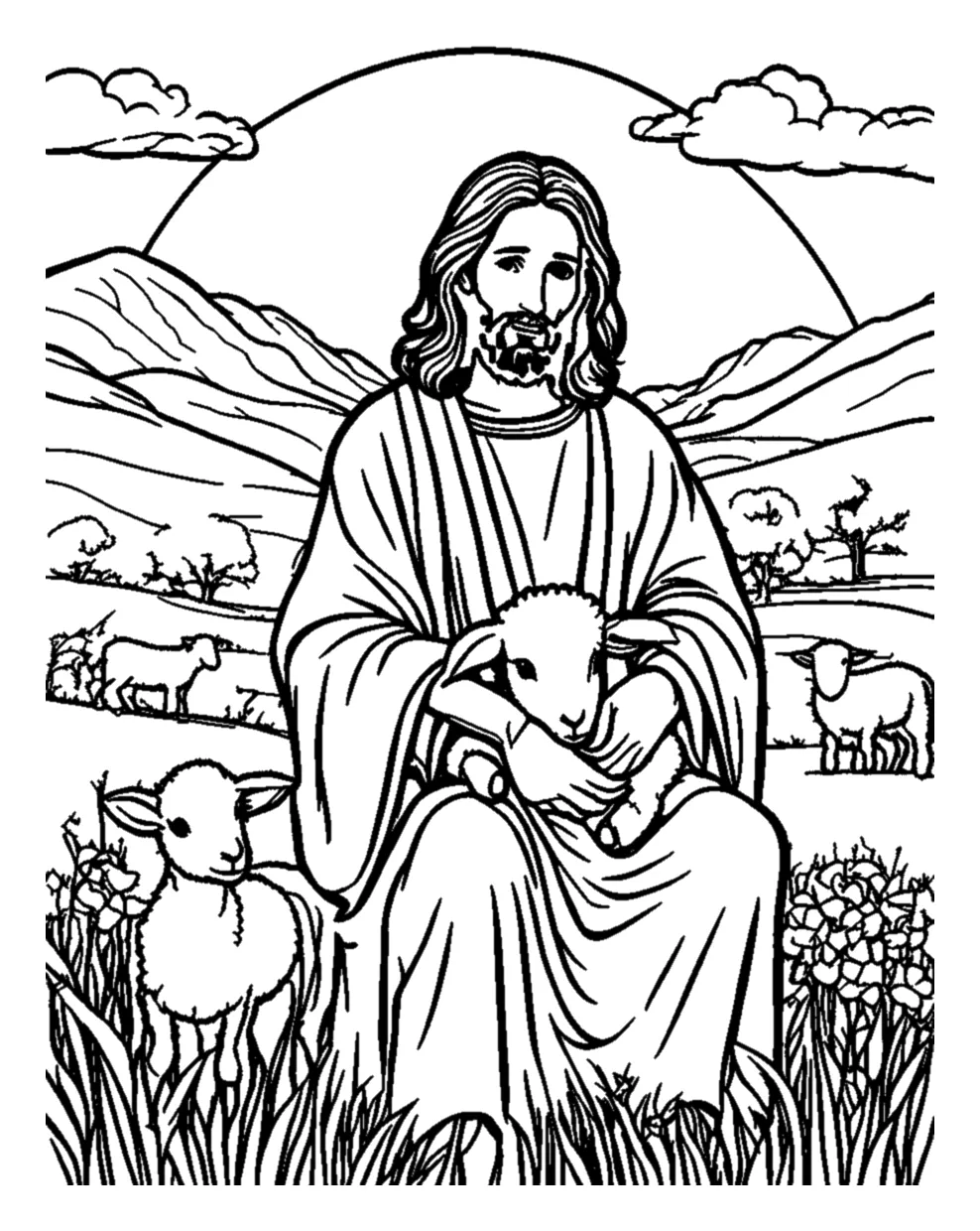 Jesús Sentado en el Prado con un Corderito en Brazos para colorear e imprimir Dibujo de Jesús Sentado en el Prado con un Corderito en Brazos para colorear