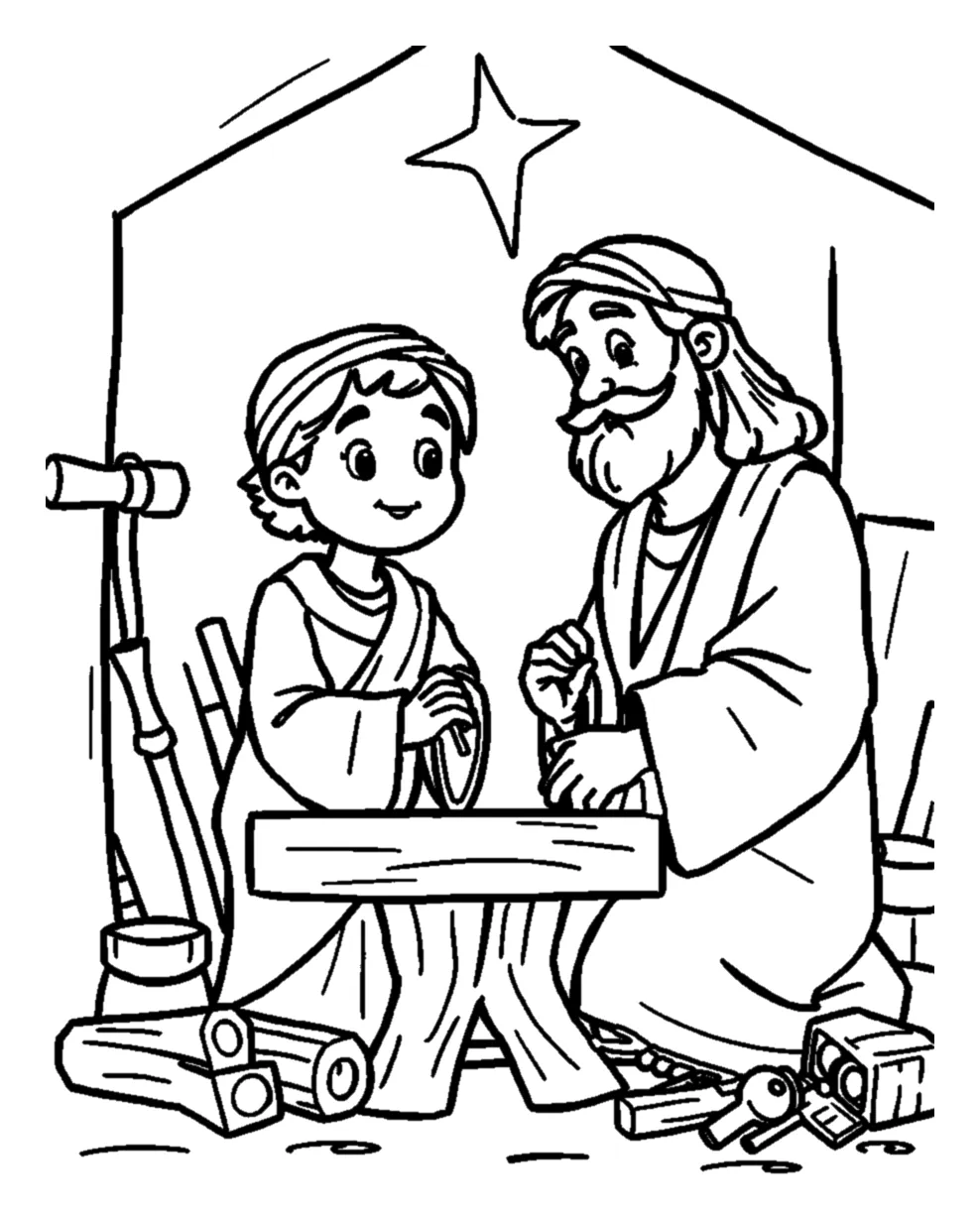 Niño Jesús Ayudando a José en la Carpintería para colorear e imprimir Dibujo de Niño Jesús Ayudando a José en la Carpintería para colorear