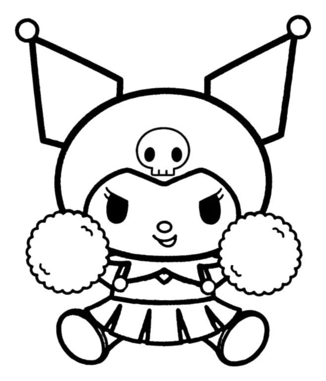 Kuromi Animadora con Pompones para colorear e imprimir Kuromi Animadora con Pompones para colorear: Kuromi está sentada de frente, con las piernas abiertas y una sonrisa pícara, y sostiene un pompón enorme en cada mano a la altura de la cara
