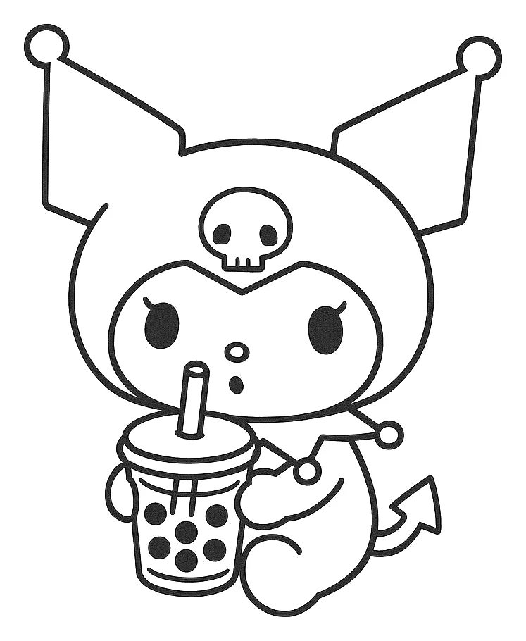 Kuromi Bebiendo Bubble Tea para colorear e imprimir Dibujo de Kuromi Bebiendo Bubble Tea para colorear