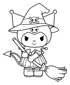 Kuromi Bruja de Halloween con Escoba para colorear e imprimir Dibujo de Kuromi Bruja de Halloween con Escoba para colorear