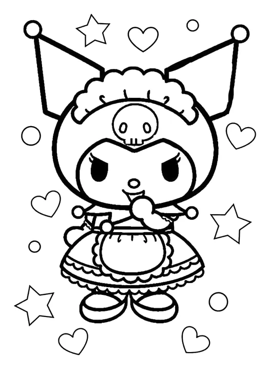 Kuromi con Cofia y Vestido de Volantes para colorear