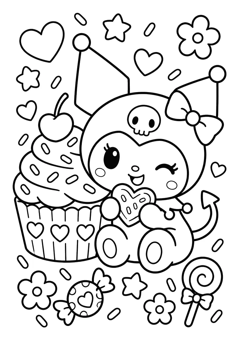 Kuromi con un Cupcake Gigante y Caramelos para colorear e imprimir Dibujo de Kuromi con un Cupcake Gigante y Caramelos para colorear
