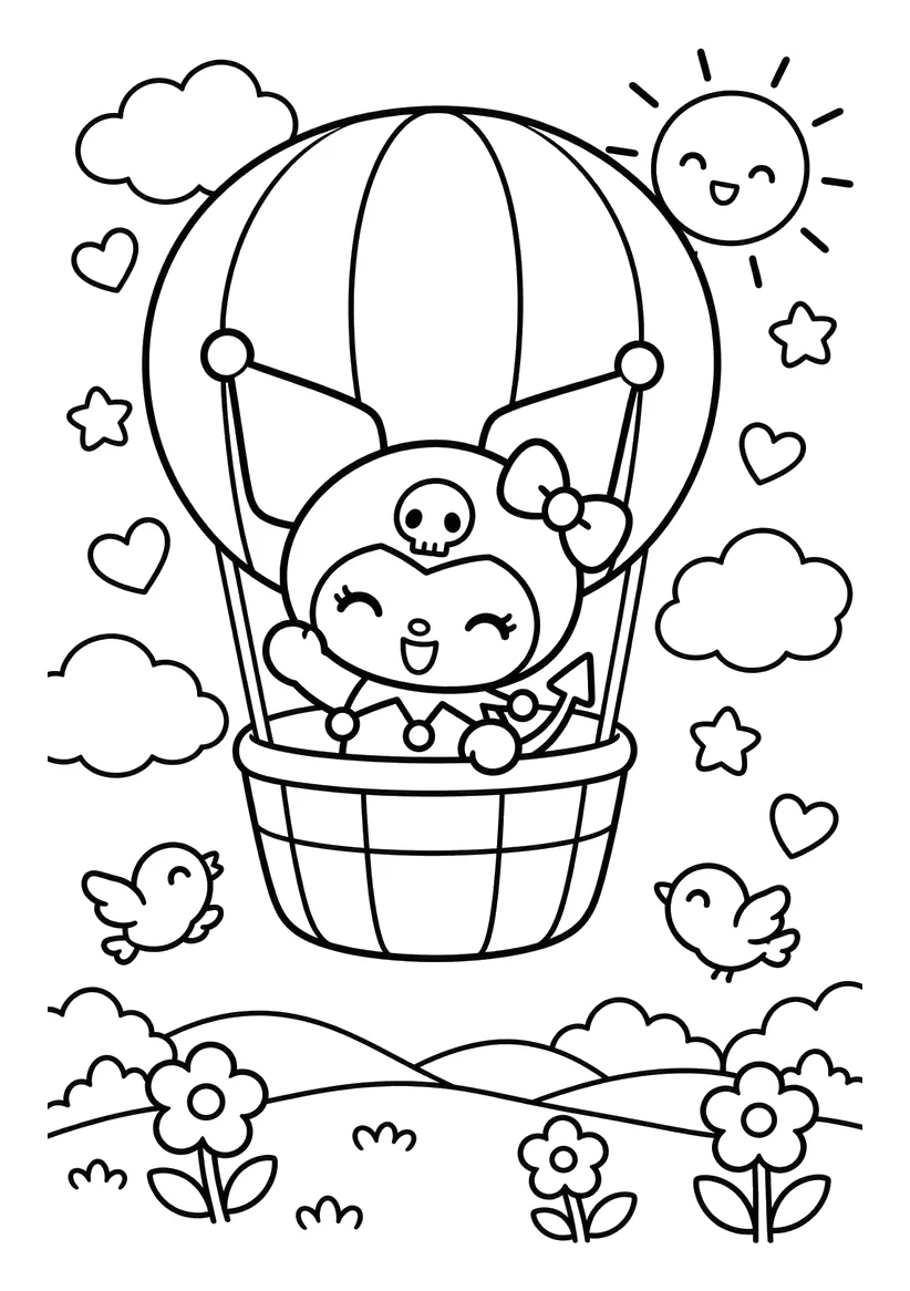 Kuromi Saludando desde un Globo Aerostático para colorear e imprimir Dibujo de Kuromi Saludando desde un Globo Aerostático para colorear