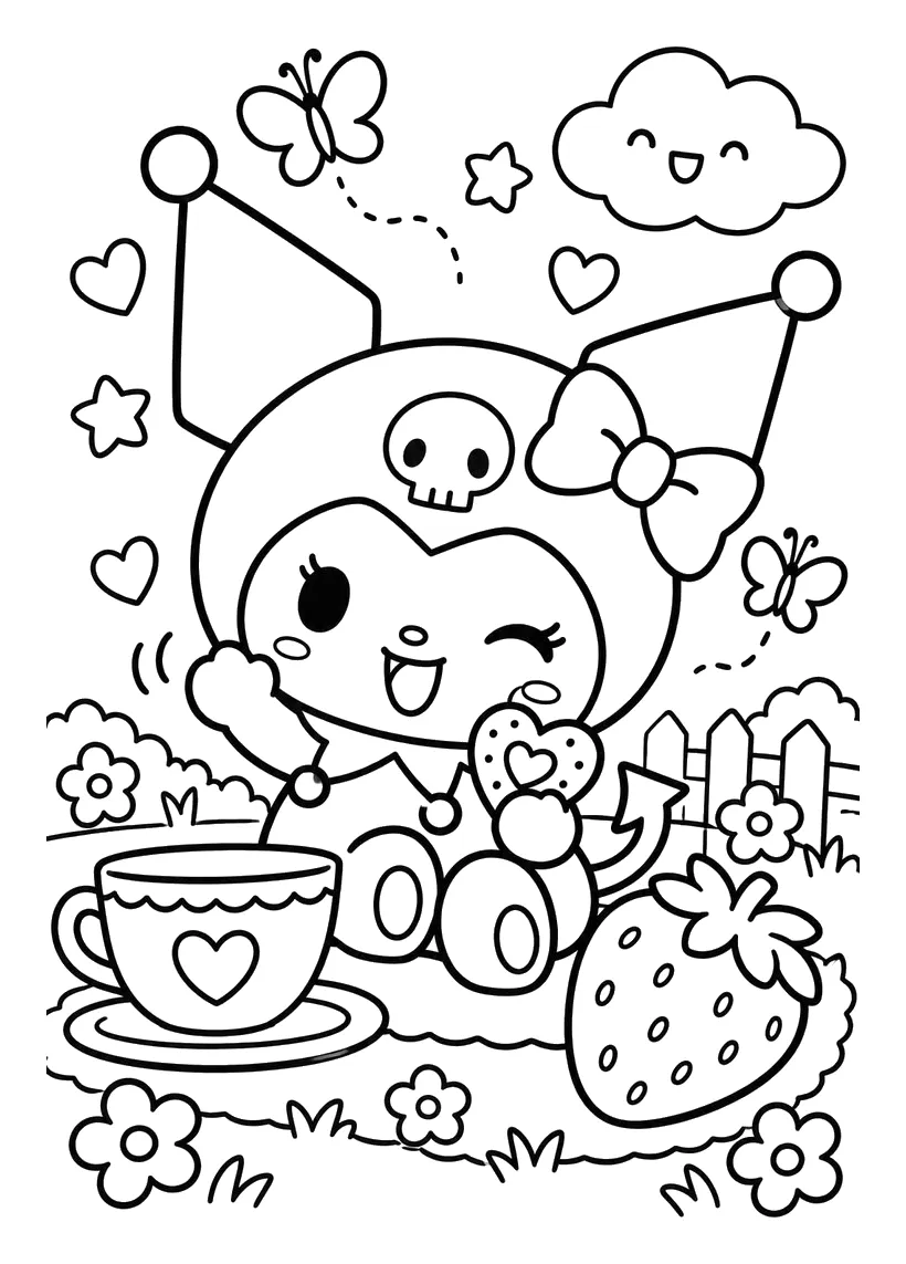 Kuromi de Merienda en el Jardín con Taza y Fresa para colorear