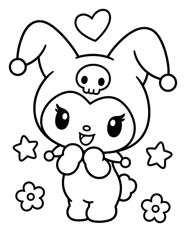 Kuromi con las Orejas Caídas entre Estrellas y Flores para colorear