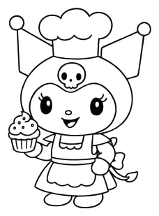 Kuromi Pastelera con Gorro de Chef y Cupcake para colorear e imprimir Dibujo de Kuromi Pastelera con Gorro de Chef y Cupcake para colorear