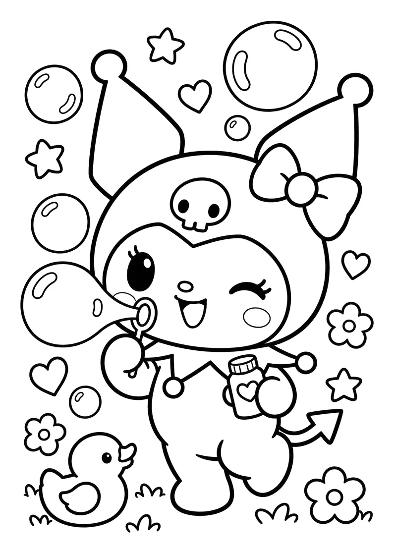 Kuromi Haciendo Pompas de Jabón con un Patito para colorear e imprimir Dibujo de Kuromi Haciendo Pompas de Jabón con un Patito para colorear