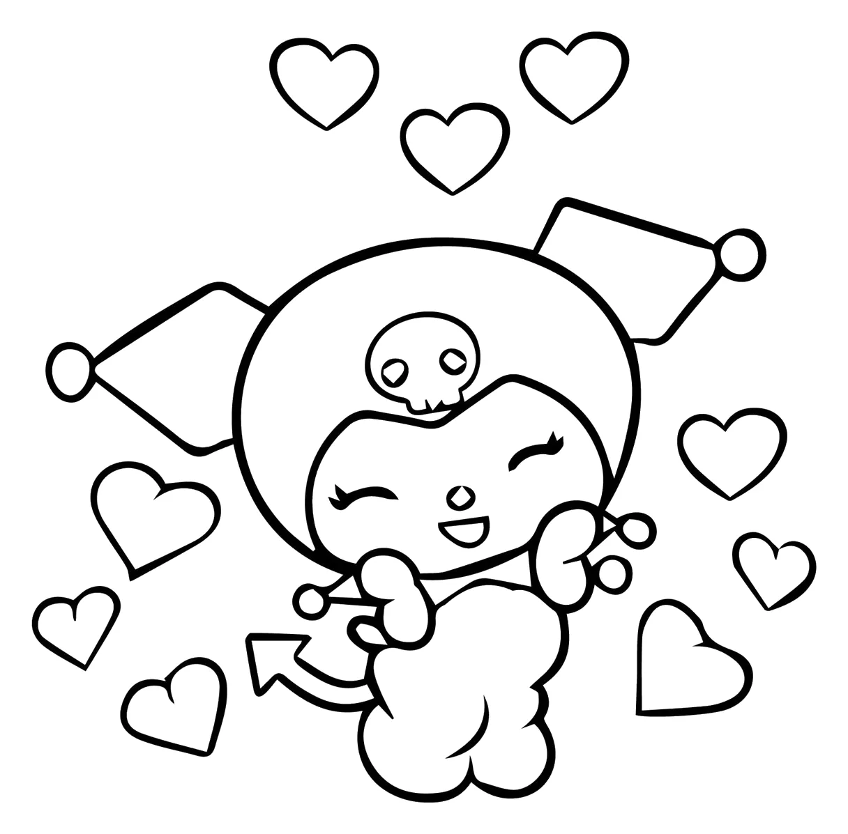 Kuromi Riendo entre Corazones para colorear e imprimir Dibujo de Kuromi Riendo entre Corazones para colorear