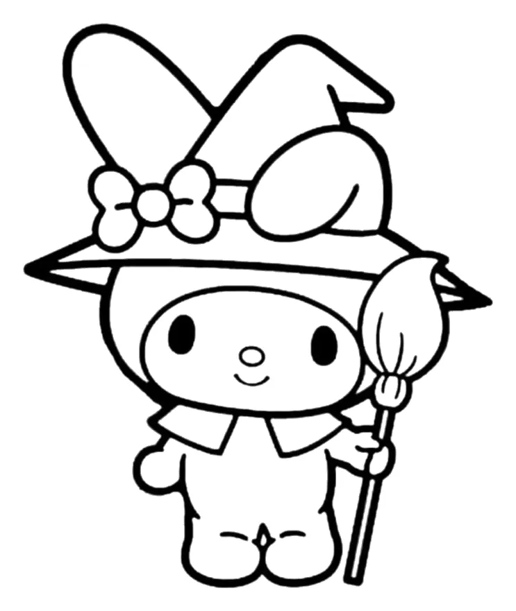 My Melody Vestida de Bruja con Escoba para colorear - Kuromi
