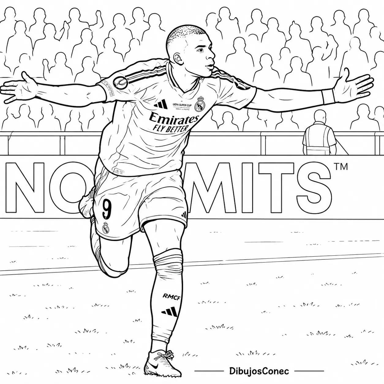 Ver dibujo completo de Mbappé Real Madrid Brazos Abiertos Supercopa para colorear Mbappé Real Madrid Brazos Abiertos Supercopa para colorear - Dibujo de Kylian Mbappé para imprimir gratis