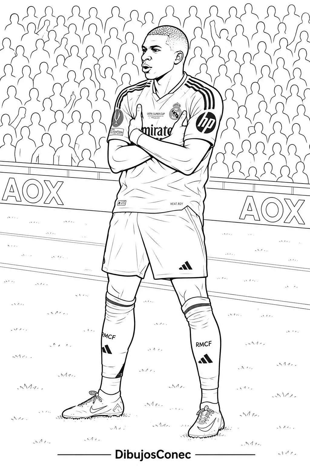 Ver dibujo completo de Mbappé Real Madrid Brazos Cruzados Supercopa para colorear Mbappé Real Madrid Brazos Cruzados Supercopa para colorear - Dibujo de Kylian Mbappé para imprimir gratis