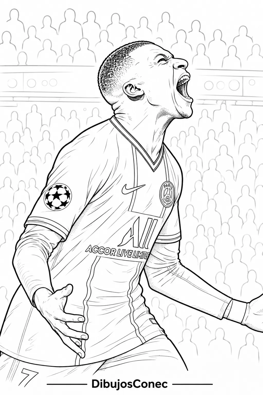 Ver dibujo completo de Mbappé Celebrando Gol en el PSG Champions League para colorear Mbappé Celebrando Gol en el PSG Champions League para colorear - Dibujo de Kylian Mbappé para imprimir gratis