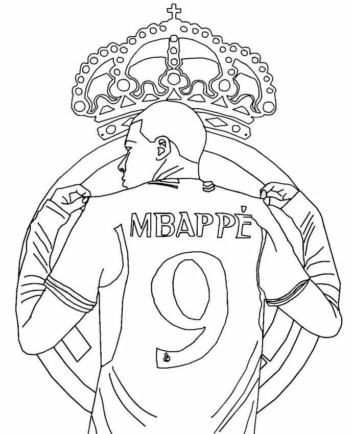 Ver dibujo completo de Mbappé con Corona Real Madrid Número 9 para colorear Dibujo de Mbappé con Corona Real Madrid Número 9 para colorear e imprimir gratis - Plantilla en alta calidad