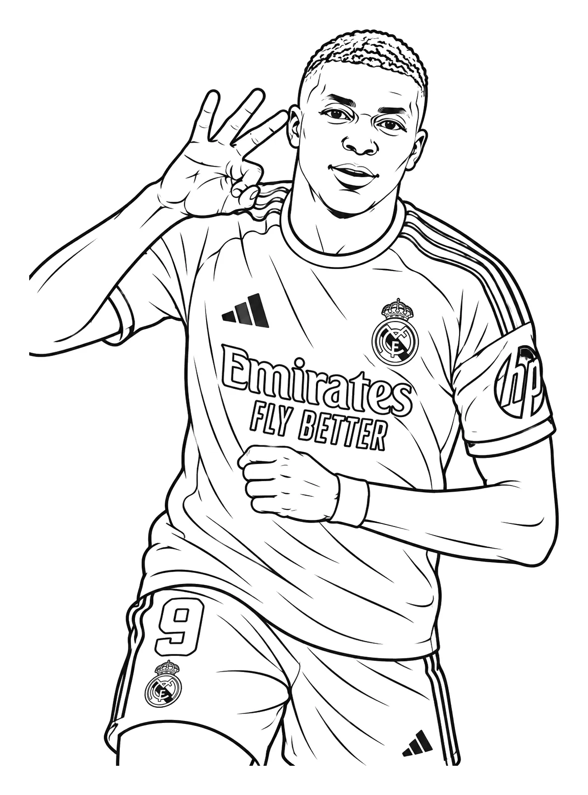 Mbappé Celebrando un Gol con el 9 del Real Madrid para colorear e imprimir Mbappé Celebrando un Gol con el 9 del Real Madrid para colorear - Kylian Mbappé: Mbappé corre hacia la cámara con una sonrisa y levanta la mano derecha junto a la cara, con tres dedos estirados, mientras cierra el otro puño a la altura del pecho