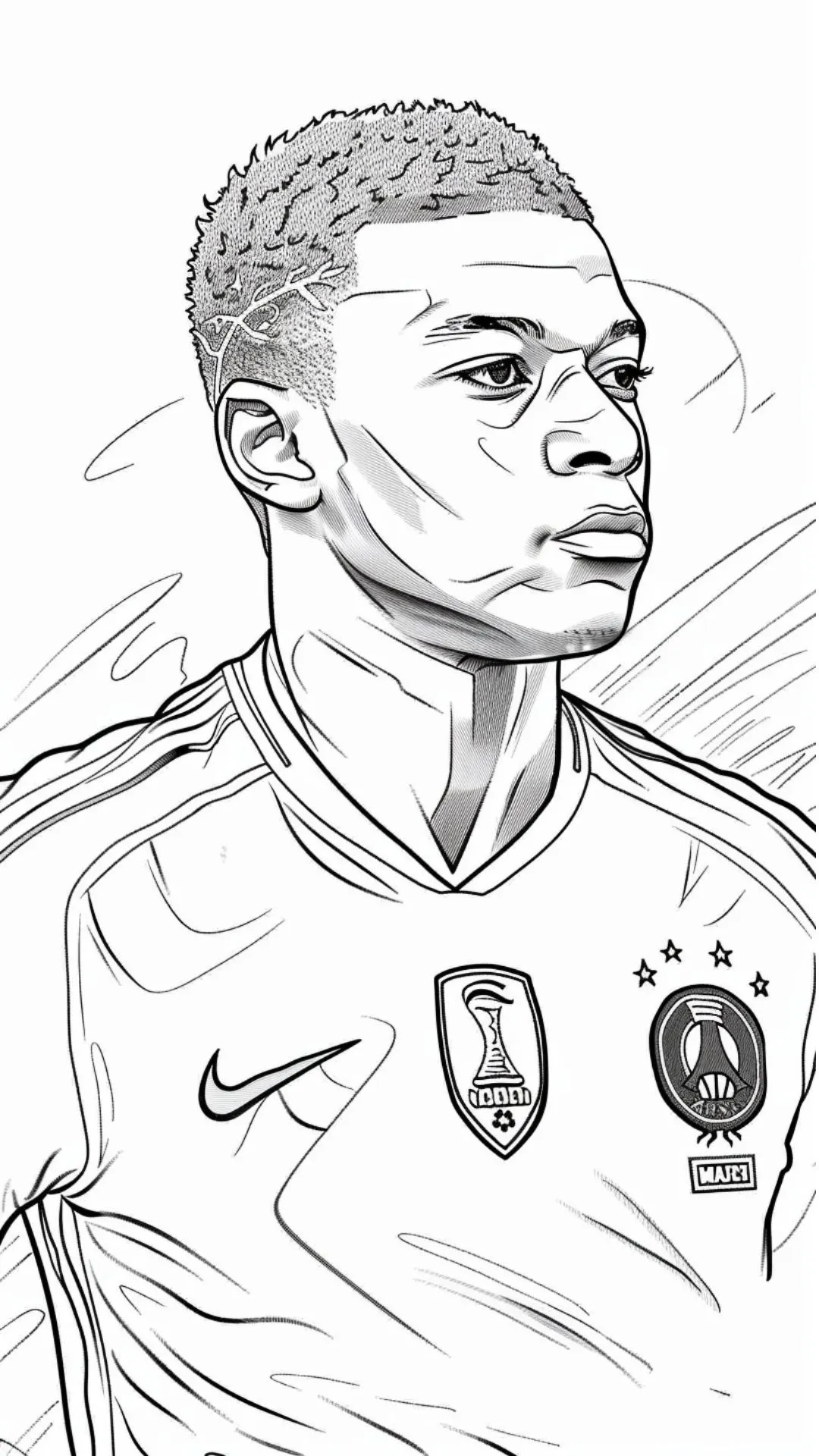 Ver dibujo completo de Retrato de Mbappé con Francia para colorear Dibujo de Retrato de Mbappé con Francia para colorear e imprimir gratis - Plantilla en alta calidad